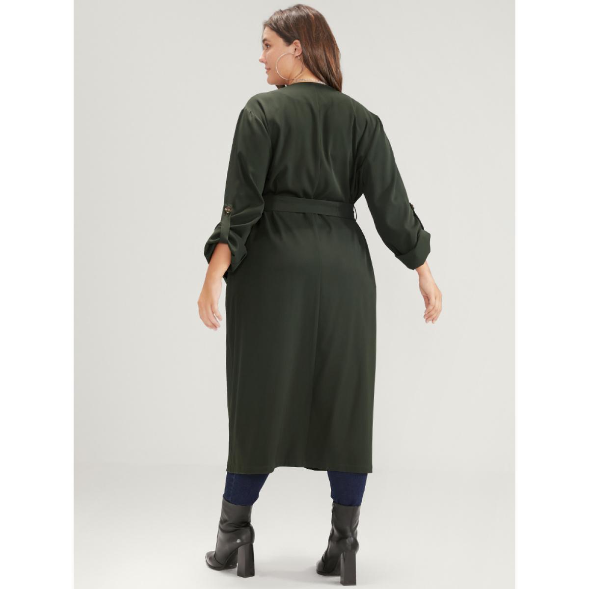 Plus Size Solid Cuffed Sleeve Belted Pocket Button Up Trench Coat Women ArmyGreen Casual Plain Ladies Dailywear Winter Coats BloomChic 12/L Product Image