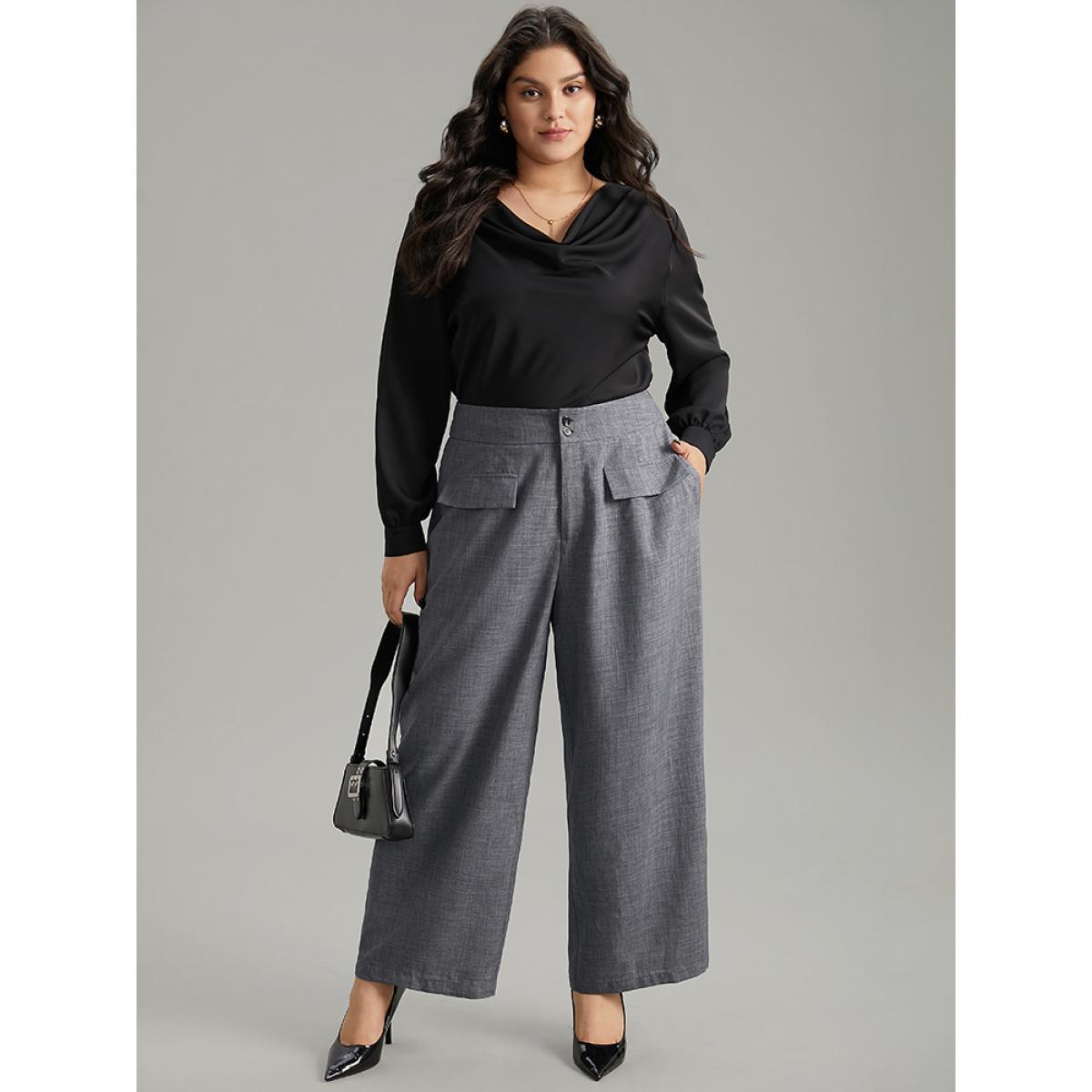 Plus Size Textured Button Up Flap Detail Wide Leg Pants Women Gray Office Wide Leg High Rise Work Pants BloomChic 28/5X Product Image