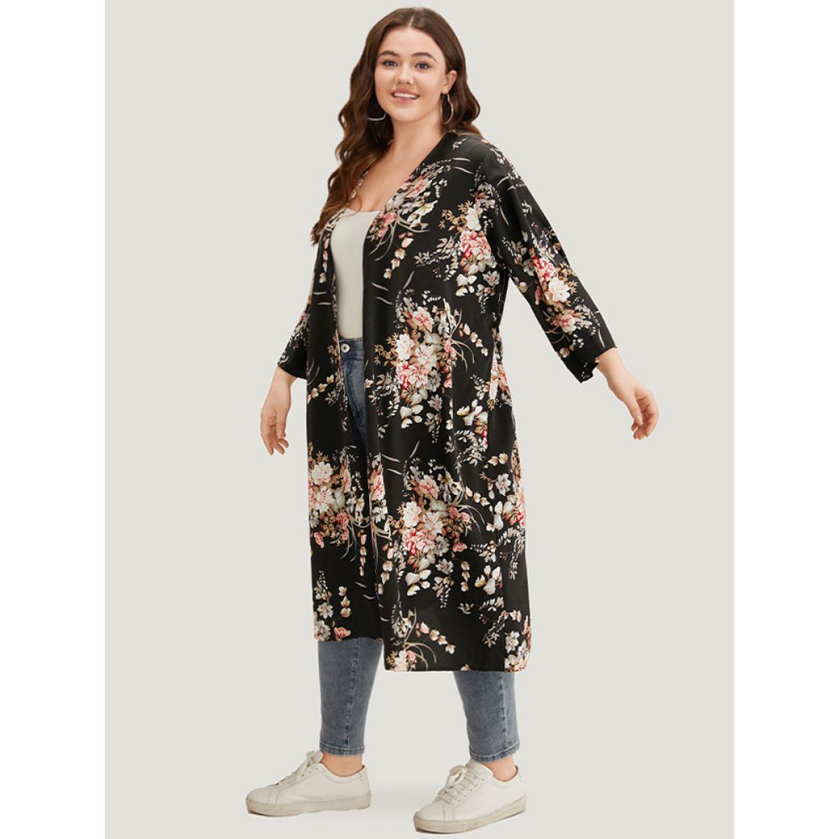 Plus Size Boho Print Belted Open Front Kimono Women BlackFlower Casual Belted Belt Dailywear Kimonos BloomChic 12/L Product Image