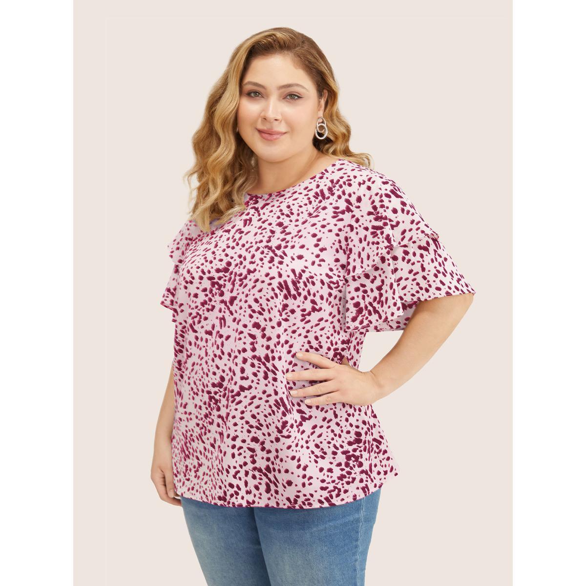Plus Size RedViolet Leopard Crew Neck Ruffle Tiered Sleeve Blouse Women Elegant Short sleeve Round Neck Everyday Blouses BloomChic 18-20/2X Product Image