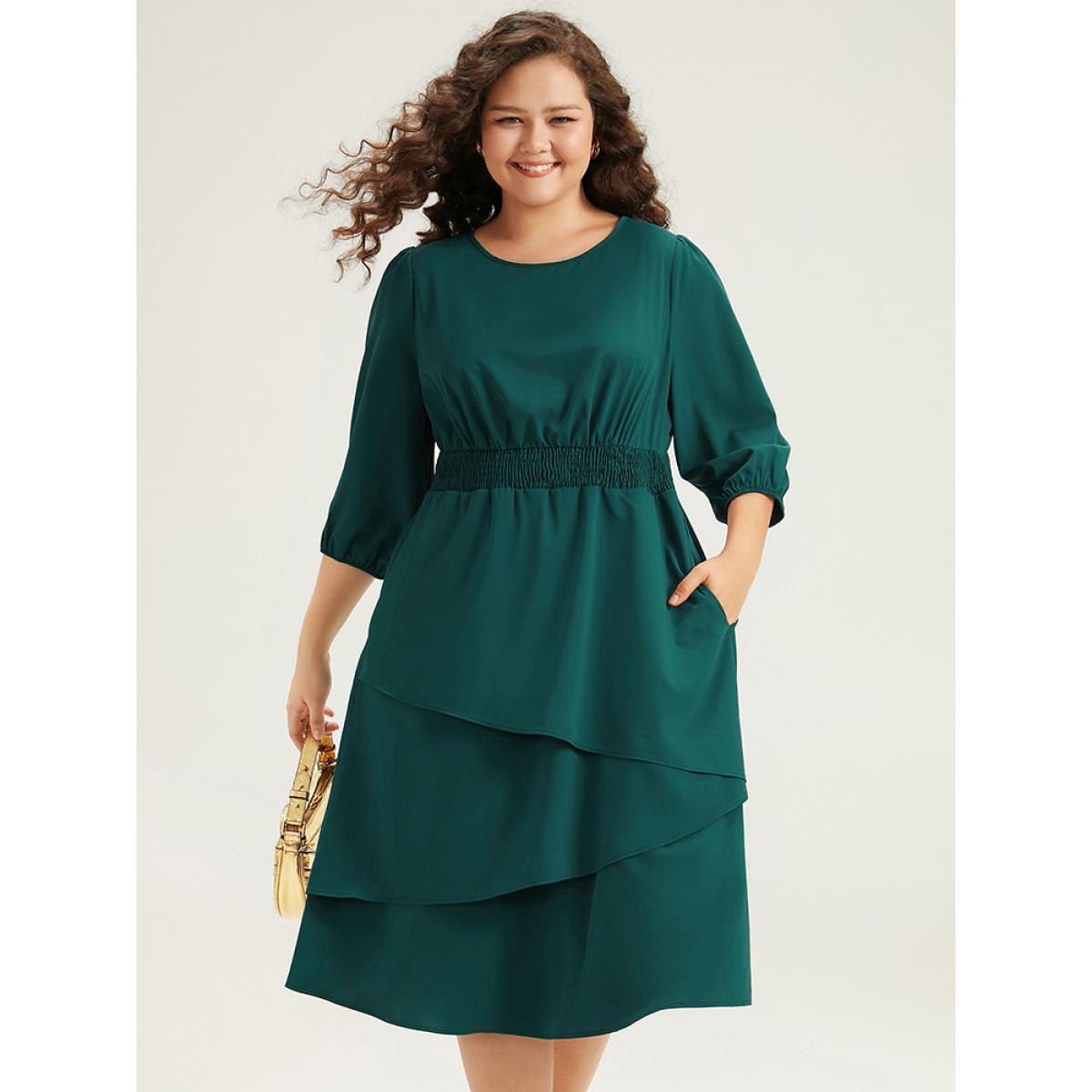 Plus Size Twill Flutter Shirred Asymmetrical Layered Hem Dress Teal Women At the Office Elastic cuffs Round Neck Elbow-length sleeve Curvy Midi Dress BloomChic 26/4X Product Image