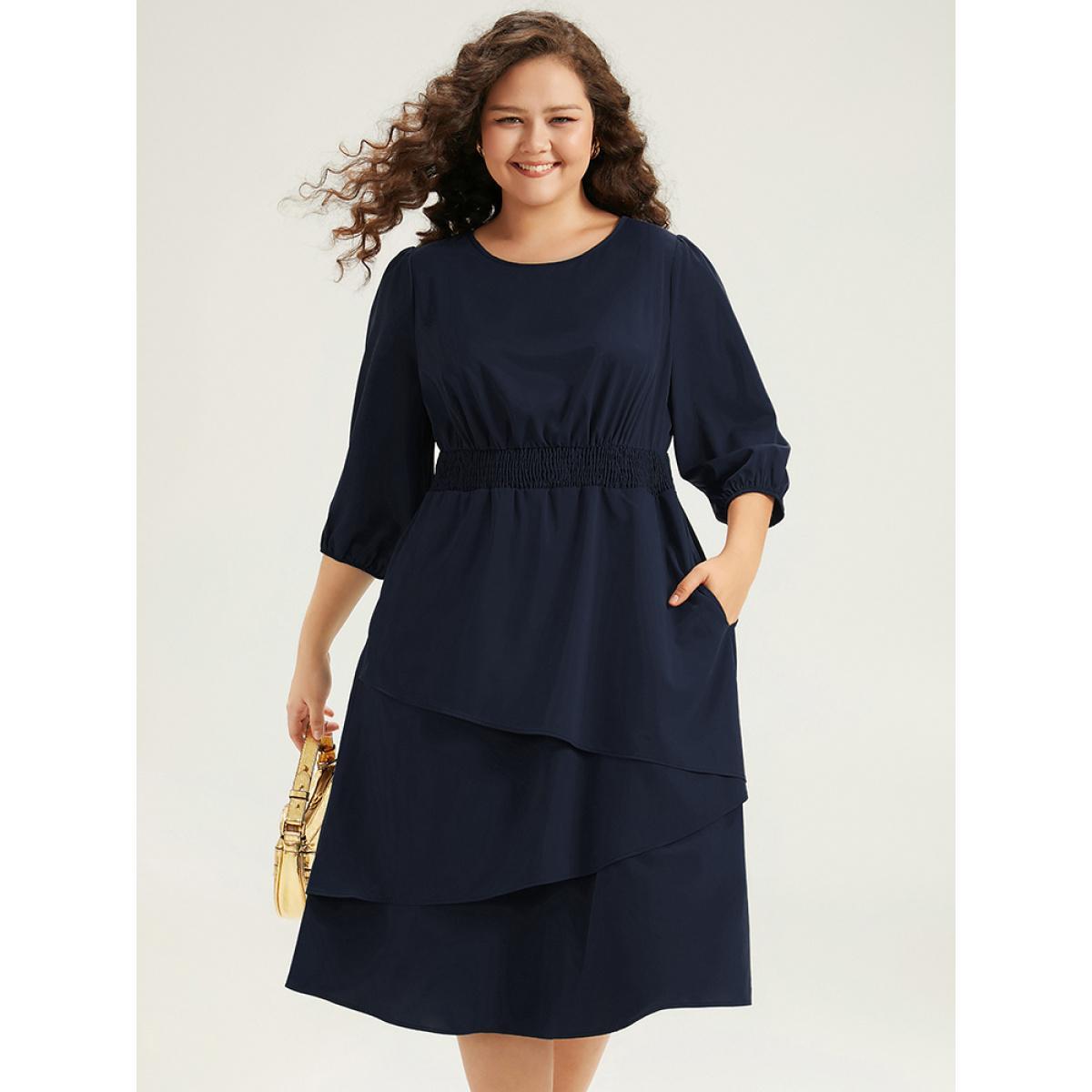 Plus Size Twill Flutter Shirred Asymmetrical Layered Hem Dress Indigo Women At the Office Elastic cuffs Round Neck Elbow-length sleeve Curvy Midi Dress BloomChic 18-20/2X Product Image