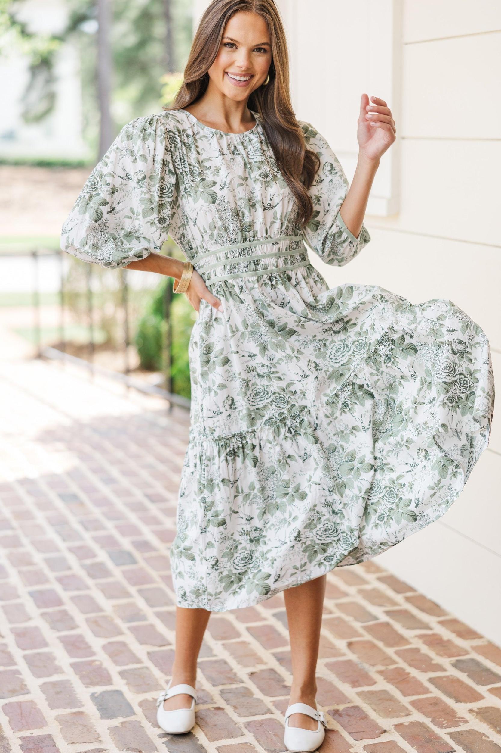 On The Trails Sage Green Floral Midi Dress Female Product Image