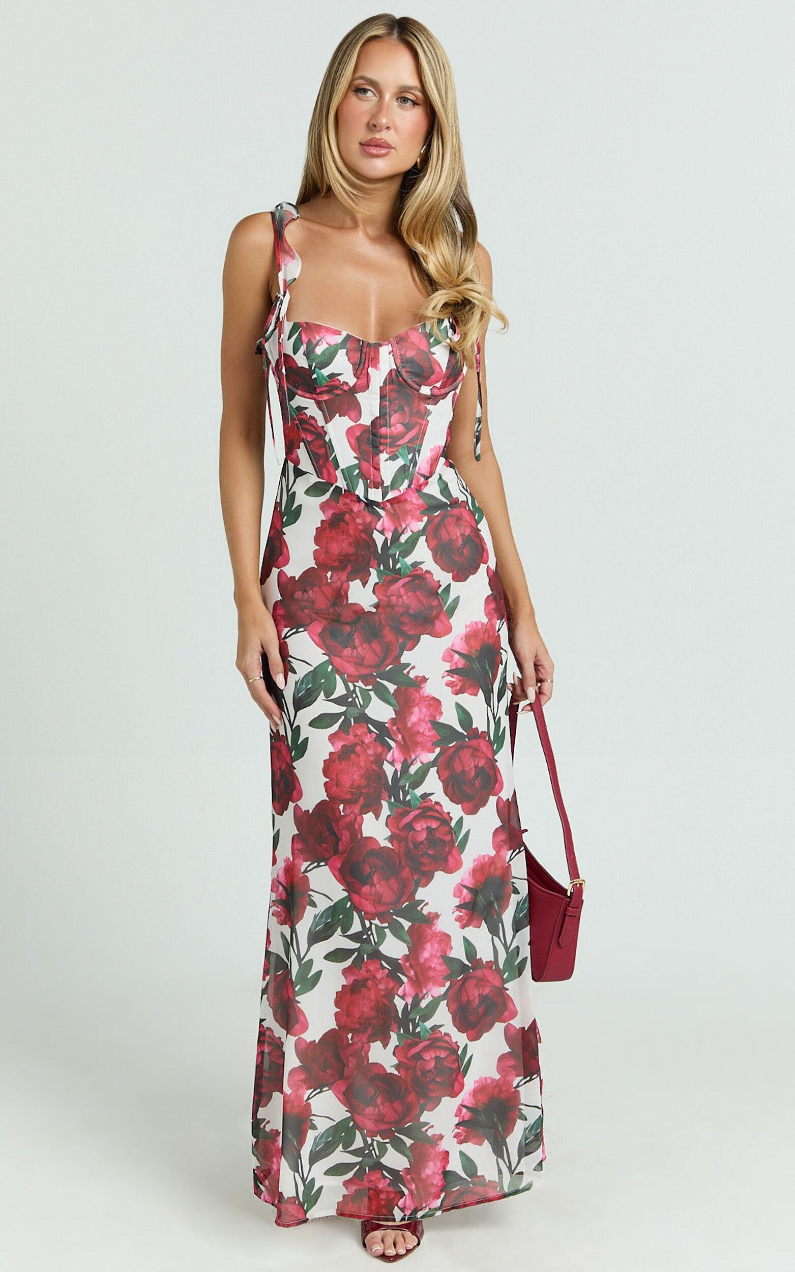 Mabel Maxi Dress - Georgette Frill Sleeve Sweetheart Bias Cut Dress in Rose Blanca Product Image