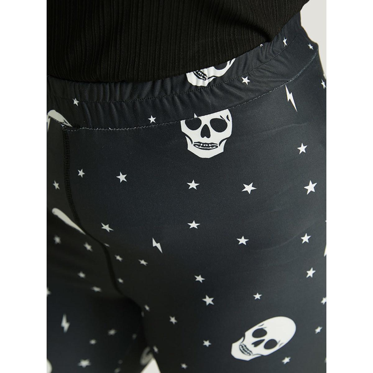 Plus Size Halloween Skull & Star Print Elastic Waist Leggings Women Black Elegant High stretch Skinny High Rise Festival-Halloween Leggings BloomChic 26/4X Product Image