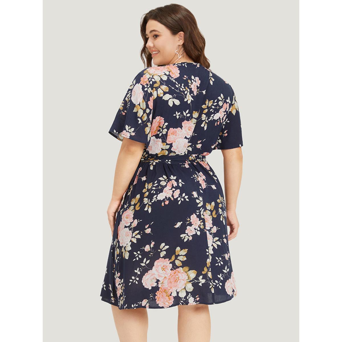 Plus Size Floral Print Pocket Knot Ruffle Sleeve Wrap Dress DarkBlue Women Elegant Wrap V-neck Half Sleeve Curvy Knee Dress BloomChic 14-16/1X Product Image
