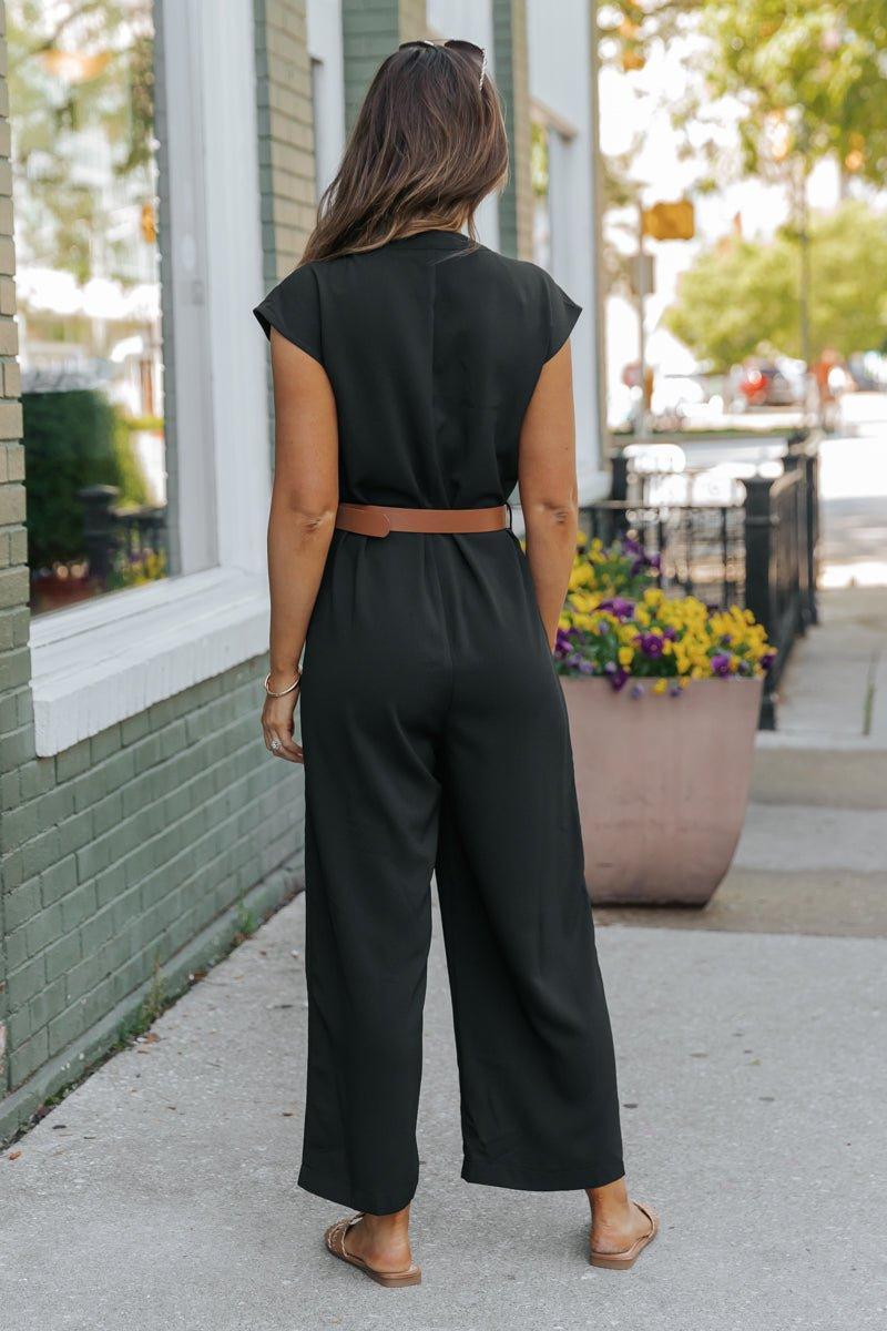 Black Short Sleeve Belted Jumpsuit Product Image