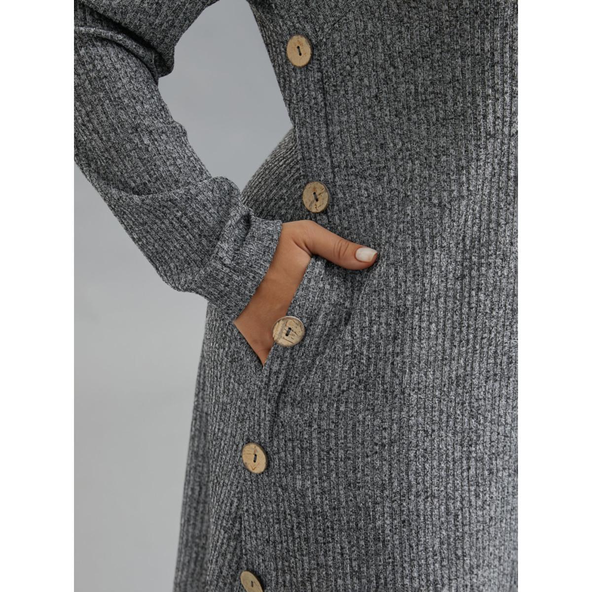 Plus Size Crew Neck HeatherRibbed Knit Dress DimGray Women Casual Button Knit Dresses Bloomchic 22-24/3X Product Image