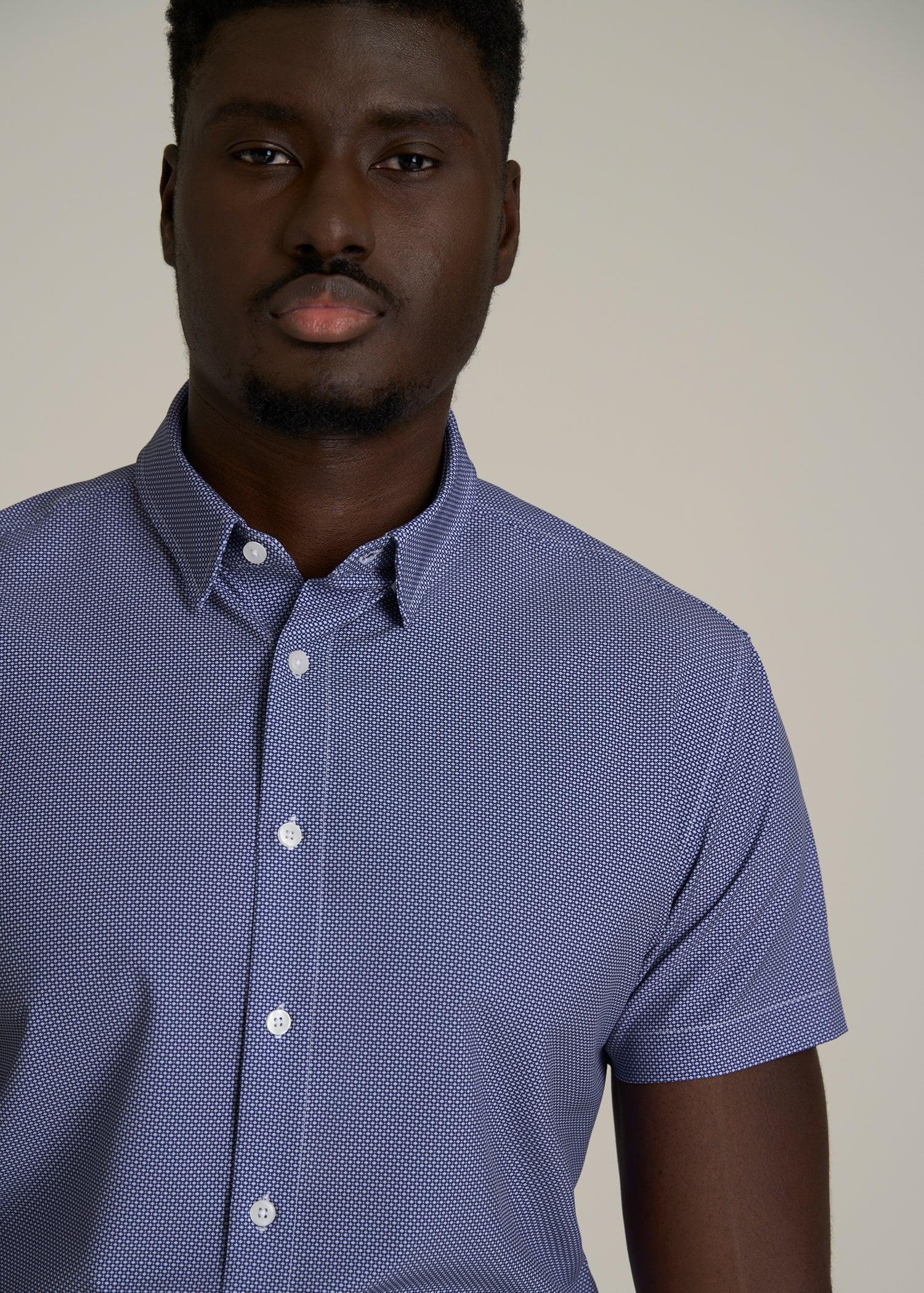 Short Sleeve Traveler Stretch Button Shirt for Tall Men in Royal Blue Geometric Product Image
