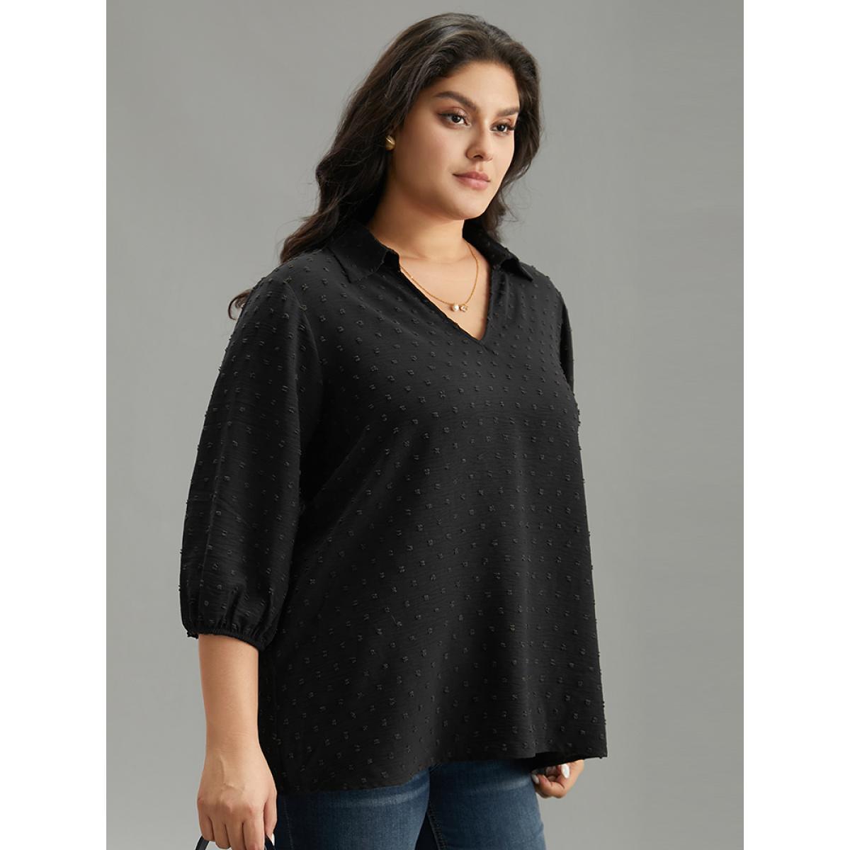 Plus Size Black Plisse Polka Dot Elastic Cuffs Blouse Women Office Elbow-length sleeve Shirt collar Work Blouses BloomChic 18-20/2X Product Image