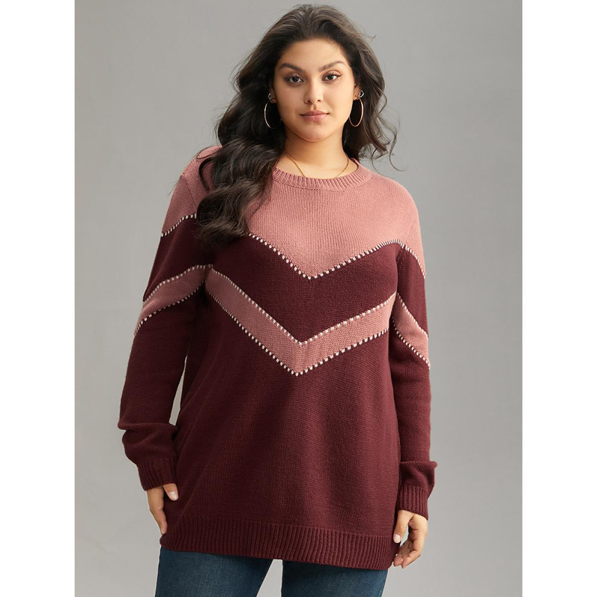 Plus Size Colorblock Contrast Round Neck Pullover Burgundy Women Casual Loose Long Sleeve Round Neck Dailywear Pullovers BloomChic 26/4X Product Image