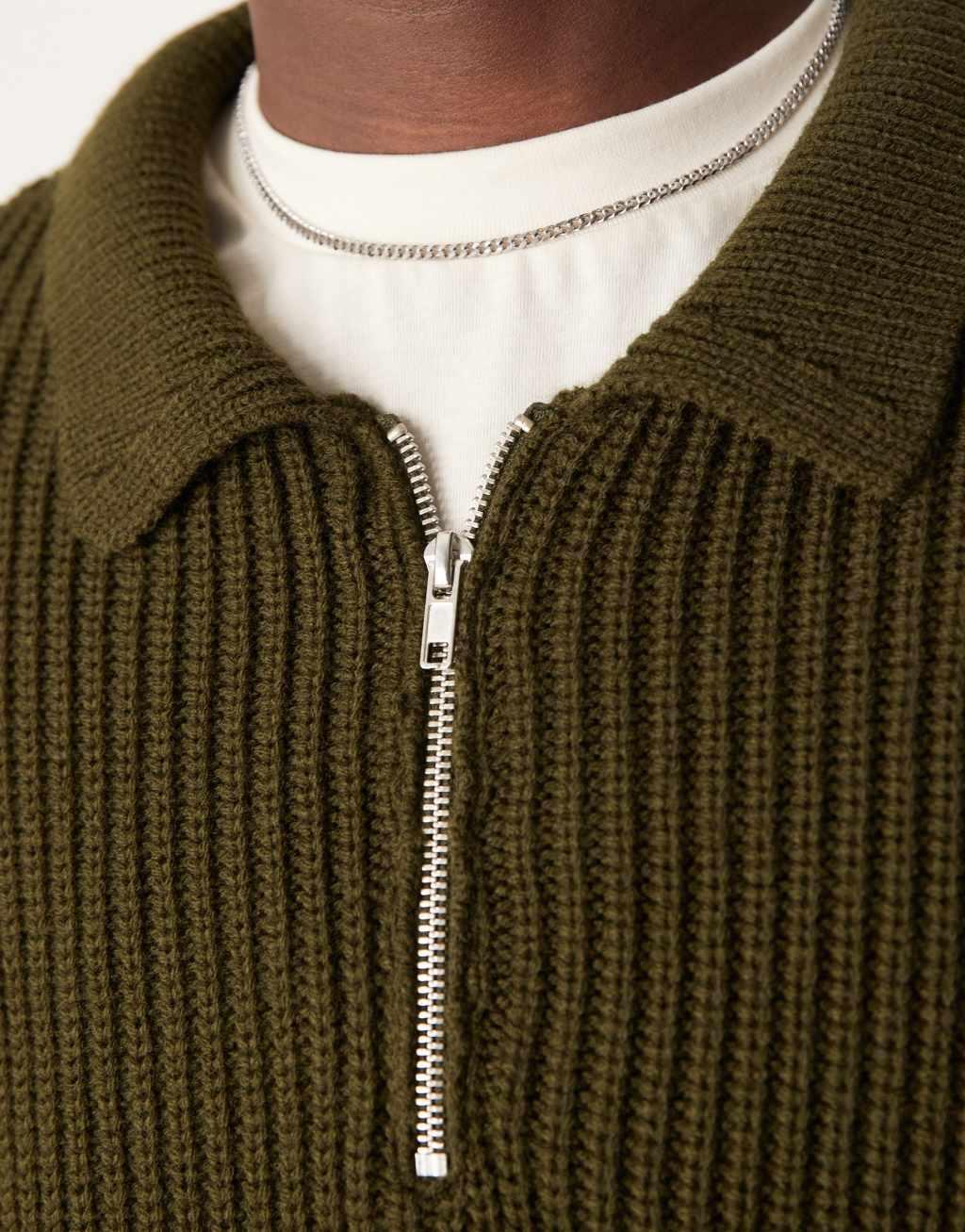 ASOS DESIGN oversized boxy fit fisherman ribbed knitted quarter zip polo in dark green Product Image