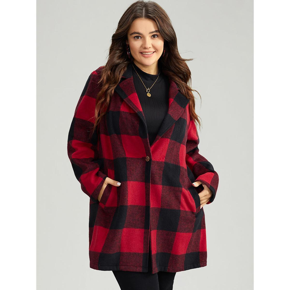 Plus Size Plaid Print Button Down Pocket Tunic Coat Women Crimson Casual Contrast Ladies Dailywear Winter Coats BloomChic 22-24/3X Product Image