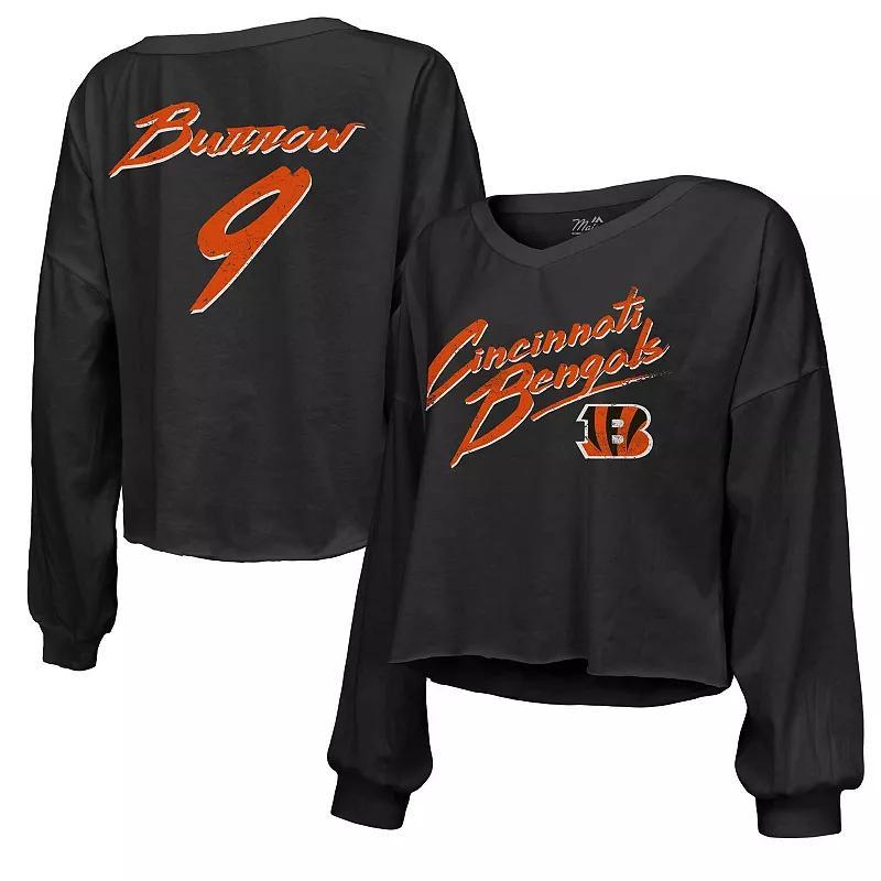 Women's Majestic Threads Joe Burrow Black Cincinnati Bengals Name & Number Off-Shoulder Script Cropped Long Sleeve V-Neck T-Shirt, Size: Large Product Image