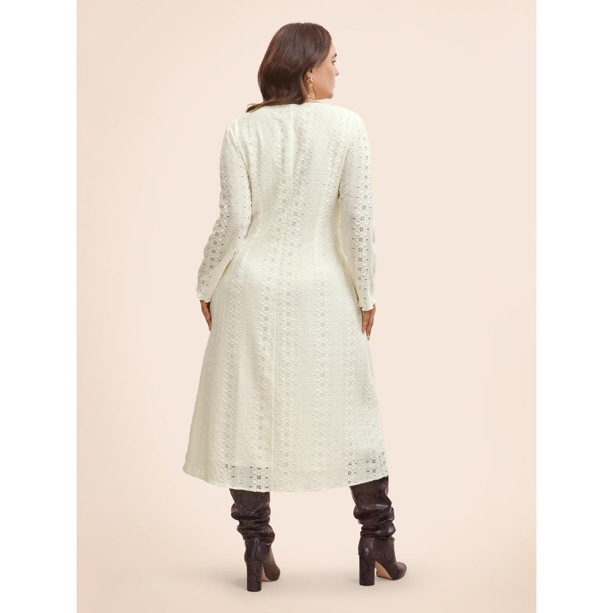 Plus Size Solid V Neck Broderie Anglaise Dress Ivory Women Casual Texture V-neck Extra Long Sleeve Curvy BloomChic 18-20/2X Product Image