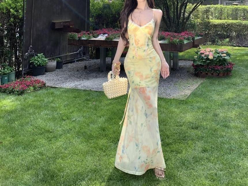 Spaghetti Strap V-Neck Floral Print Maxi Dress Product Image