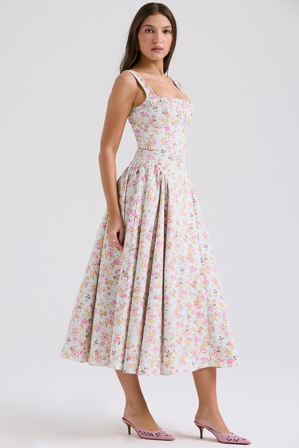 Dorothy Pale Blue Meadow Print Cotton Midi Sundress Product Image