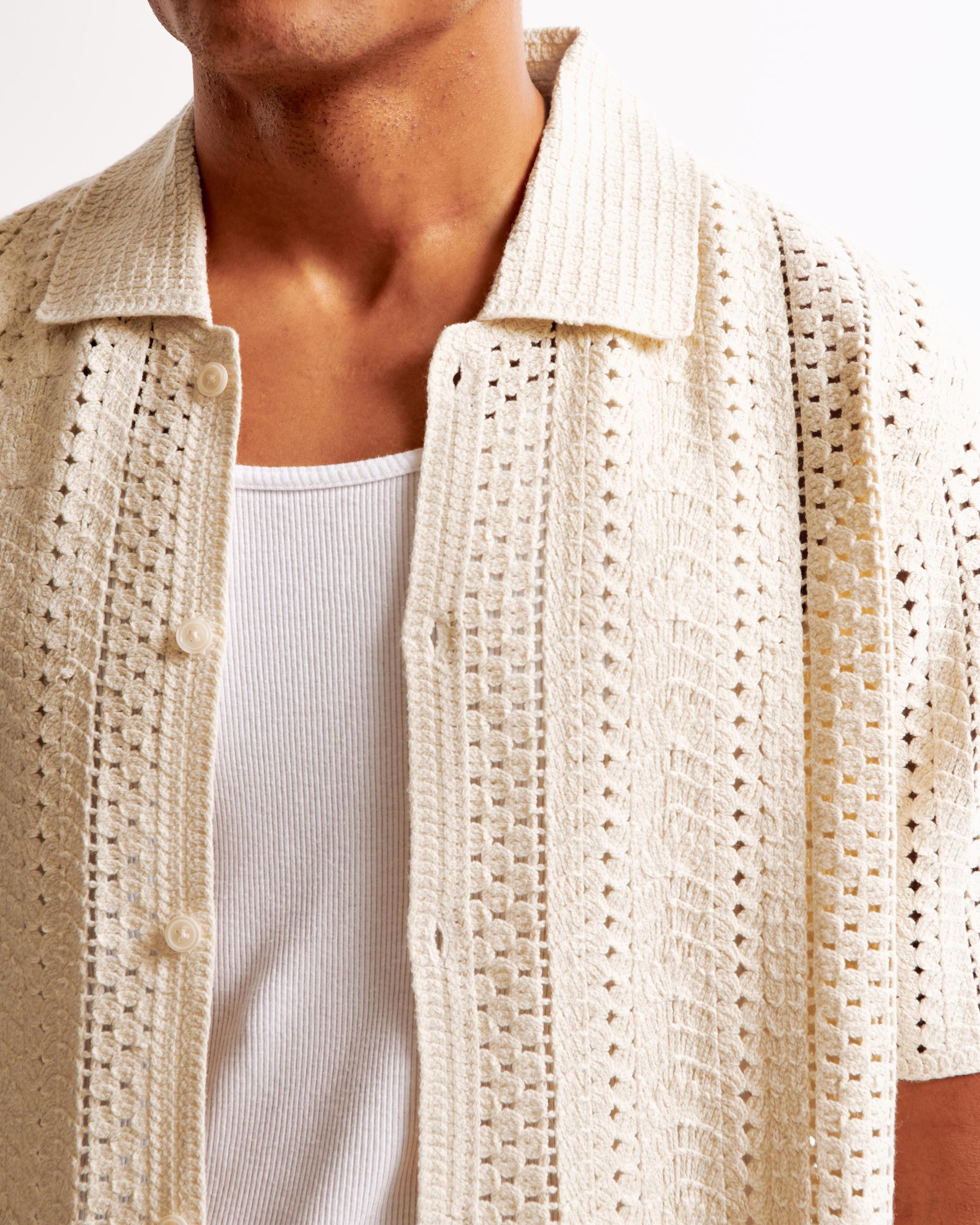 Crochet-Style Geometric Pattern Button-Through Sweater Polo Product Image