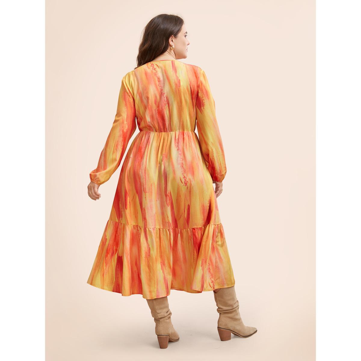 Plus Size Gradient Dyeing Shirred Ruffle Hem Dress Multicolor Women Elegant Gathered V-neck Long Sleeve Curvy BloomChic 14-16/1X Product Image