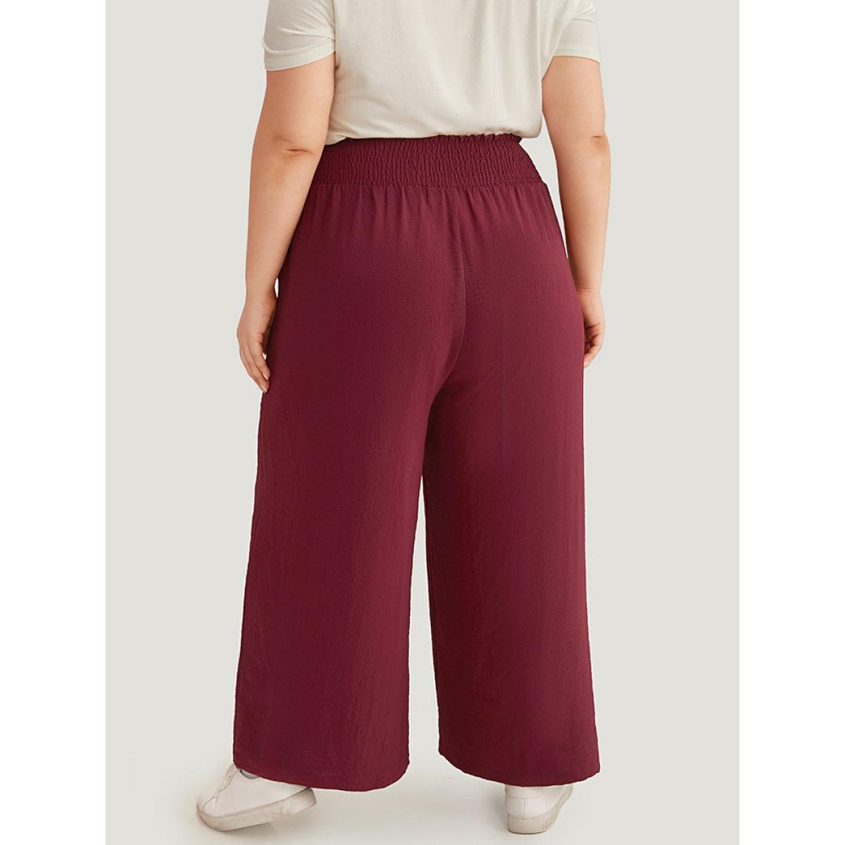 Plus Size Button Detail Shirred Wide Leg Pants Women Burgundy Glamour Wide Leg High Rise Going out Pants BloomChic 18-20/2X Product Image