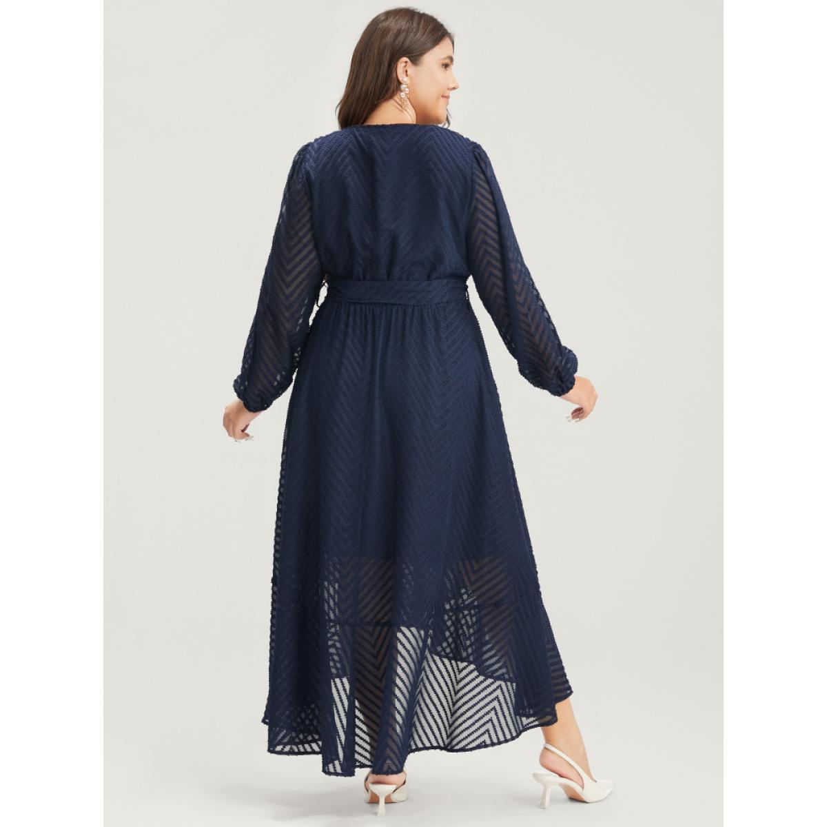 Plus Size Solid Geometric Wrap Pocket Belted Asymmetrical Hem Dress DarkBlue Women Glamour Plain V-neck Long Sleeve Curvy Long Dress BloomChic 26/4X Product Image