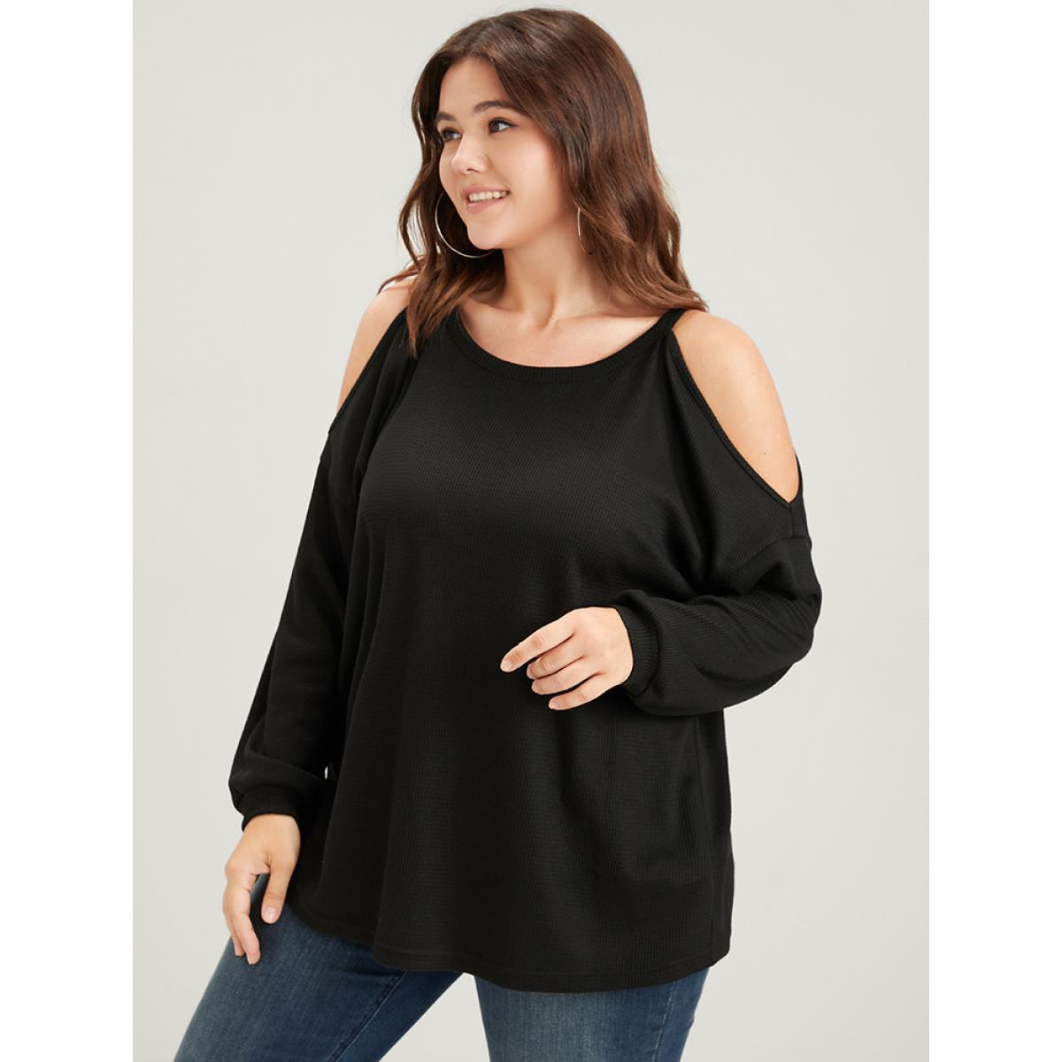 Plus Size Solid Cold Shoulder Long Tee Black Women Casual Plain Plain Cold Shoulder Dailywear T-shirts BloomChic 30/6X Product Image