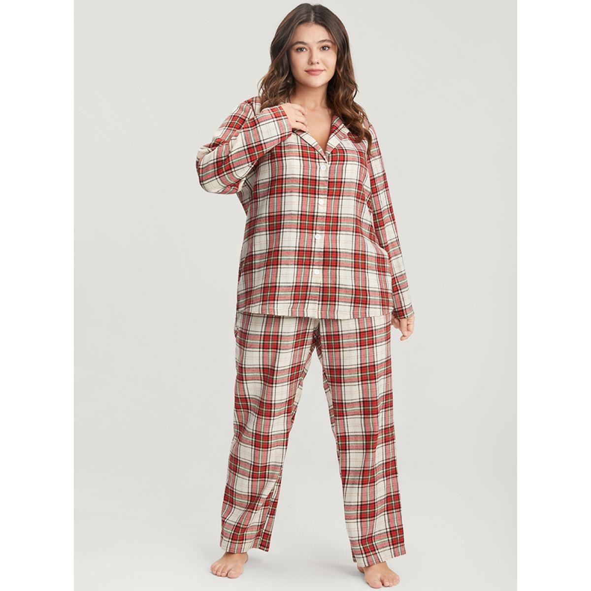 Plus Size Plaid Lapel Collar Button Up Pajama Set Women Scarlet Plaid Elastic Waist Long Sleeve Lapel Collar Casual Loungewear Sets BloomChic 12/L Product Image