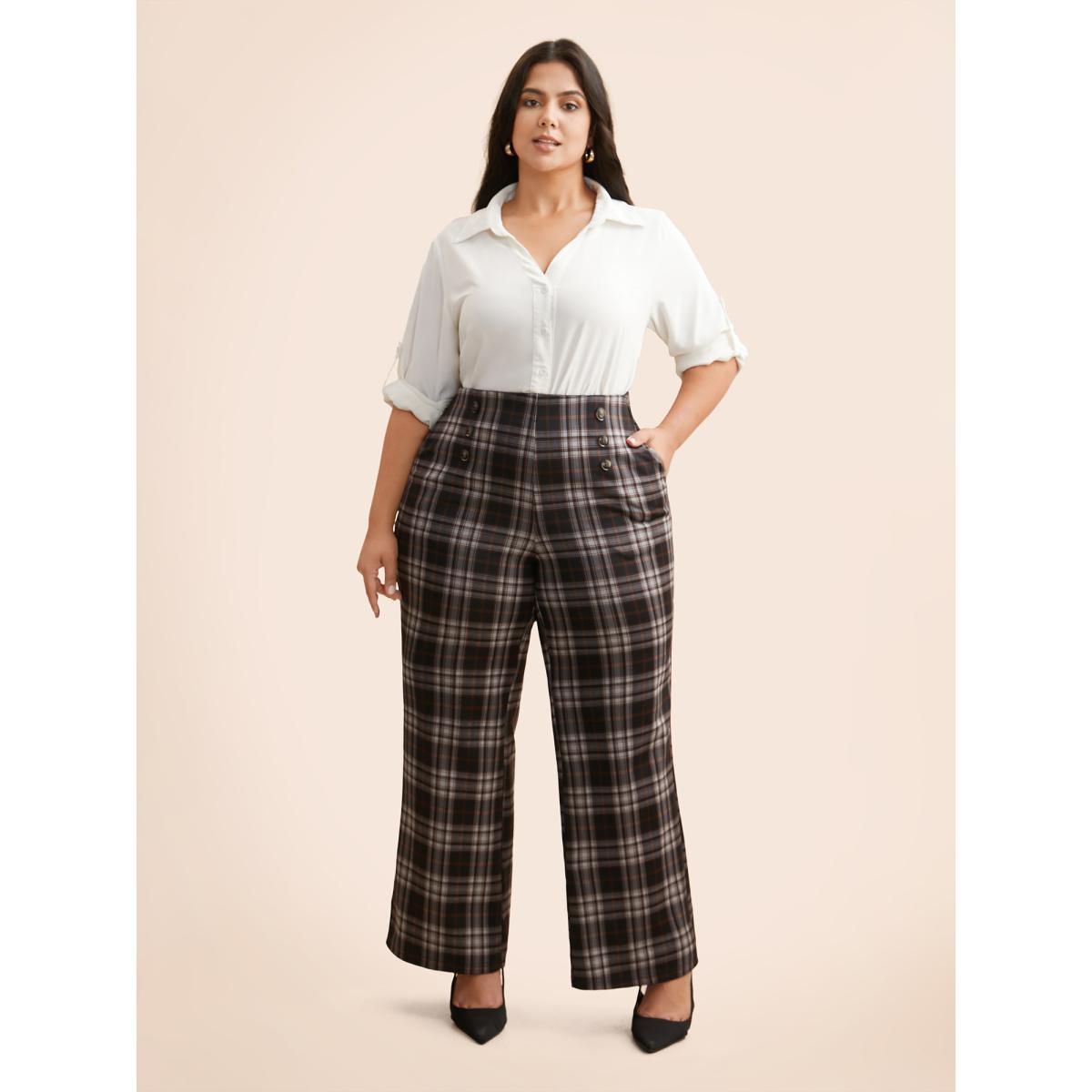 Plus Size Plaid Button Detail Mid Rise Pants Women Black At the Office Wide Leg Mid Rise Work Pants BloomChic 14-16/1X Product Image