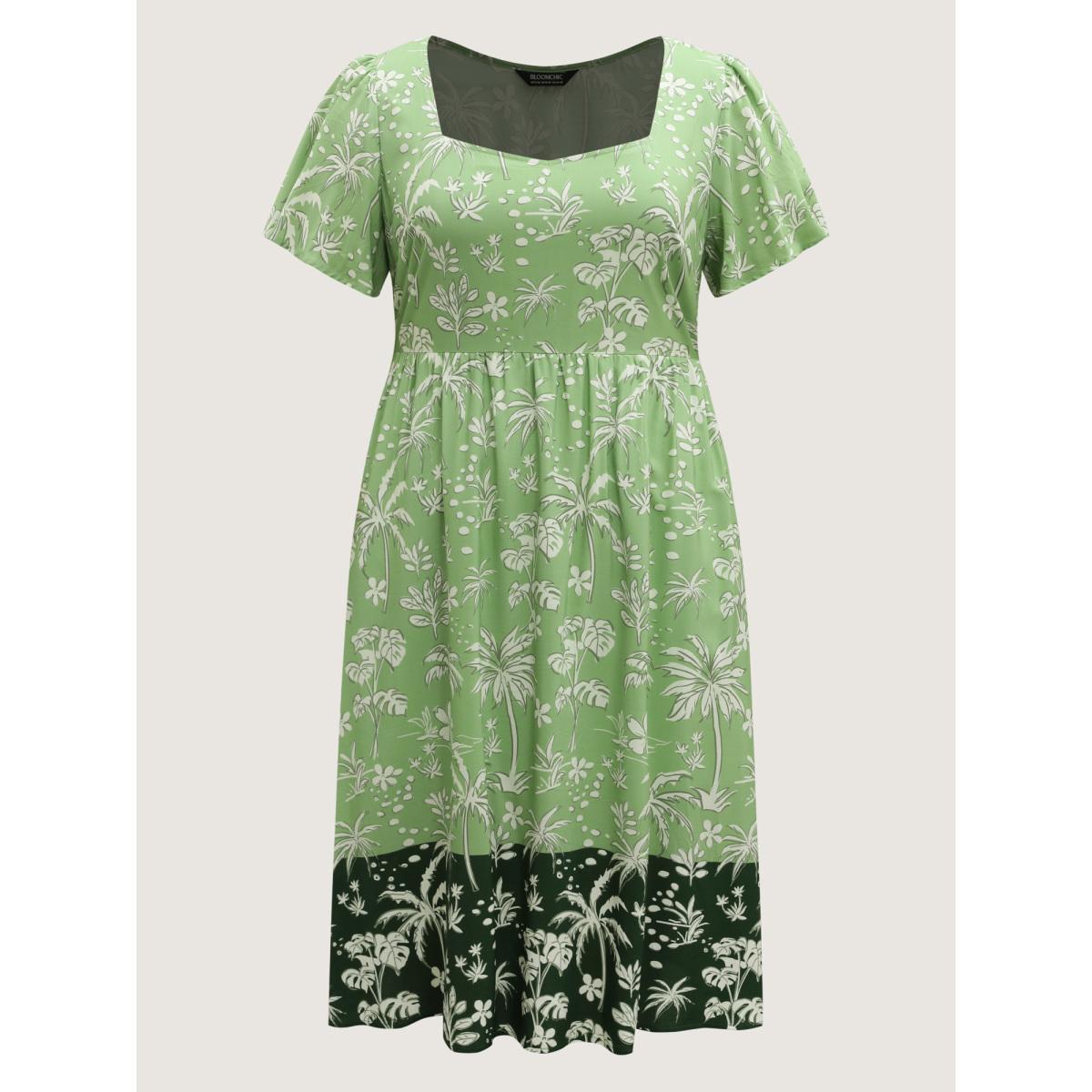 Plus Size Tropical Mood Color Contrast Midi Dress Truegreen Women Heart neckline Short sleeve Curvy BloomChic 26/4X Product Image