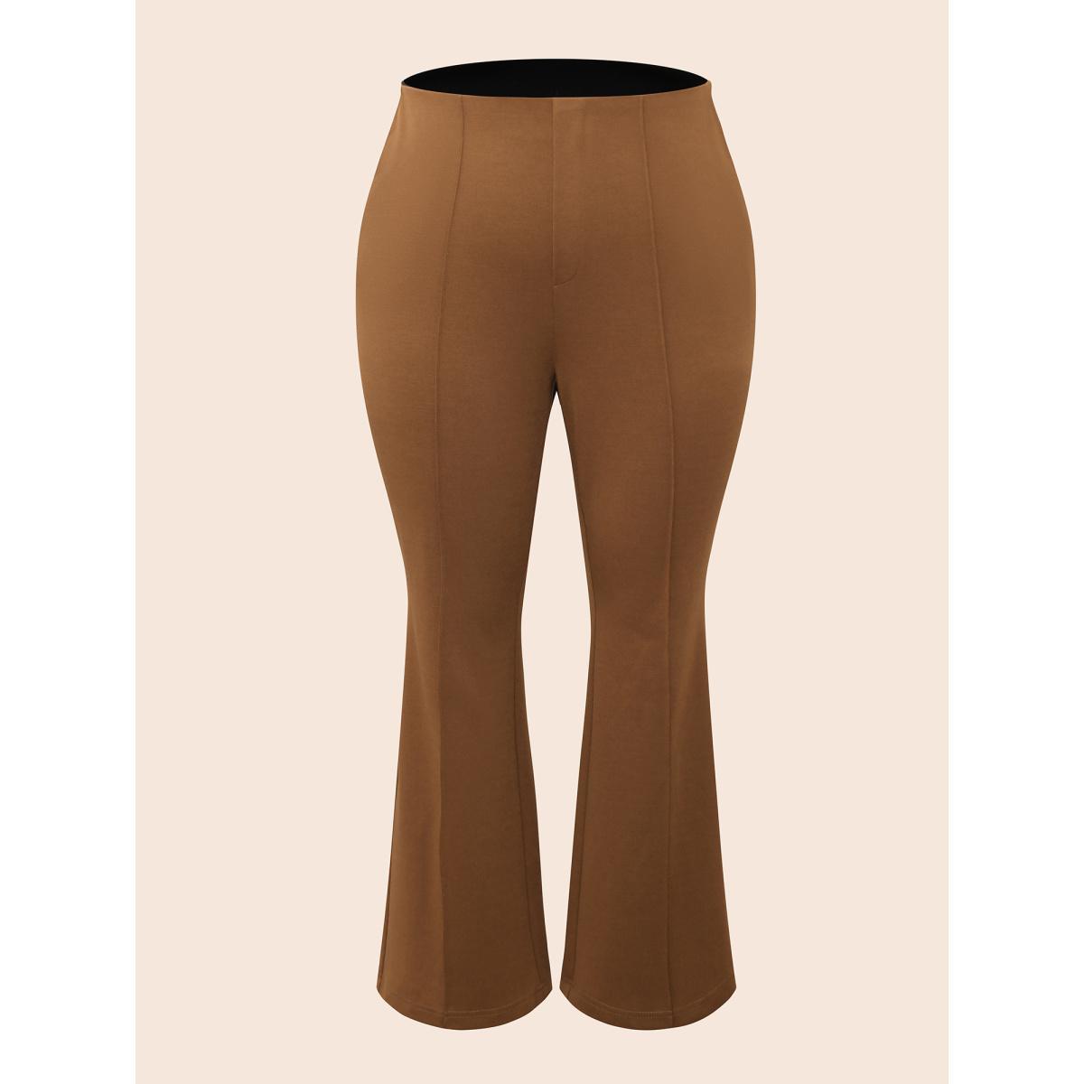 Plus Size Solid Seam Detail Flare Leg Pants Women Yellowishbrown Elegant Flare Leg Mid Rise Everyday Pants BloomChic 12/L Product Image