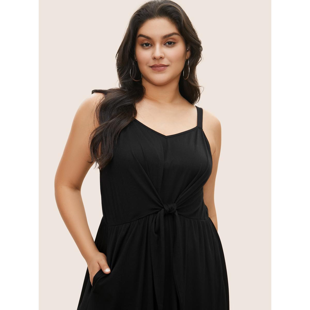 Plus Size Supersoft Essentials Solid Tie Knot Cami Dress Black Women Casual Tie knot Non Sleeveless Curvy Midi Dress BloomChic 12/L Product Image