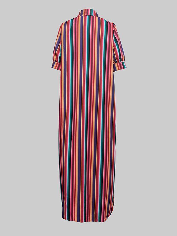 Long Sleeves Loose Split-Joint Striped Lapel Maxi Dresses Shirt Dress Product Image