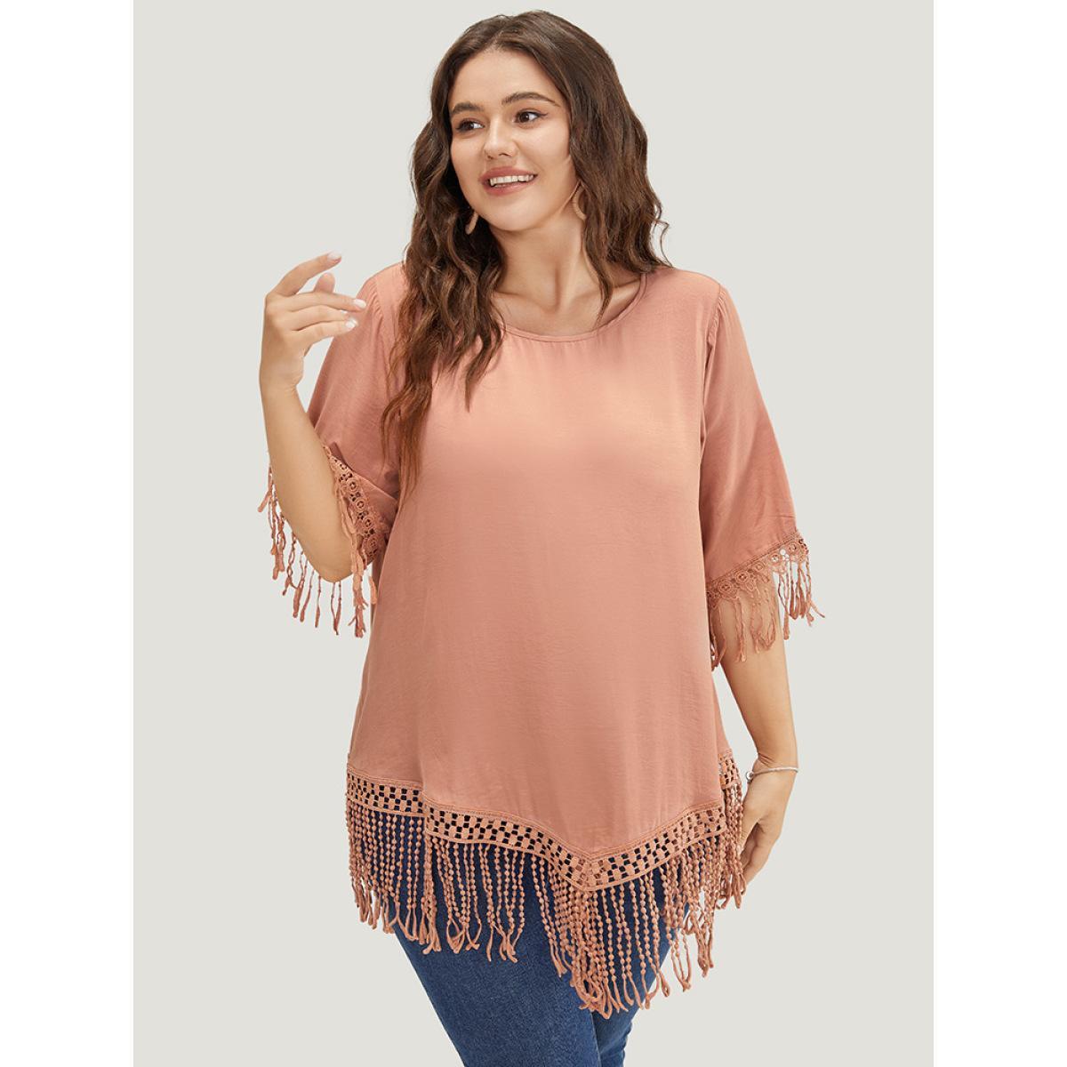 Plus Size Coral Plain Round Neck Asymmetrical Lace Fringe Hem Blouse Women Vacation Elbow-length sleeve Round Neck Dailywear Blouses BloomChic 12/L Product Image