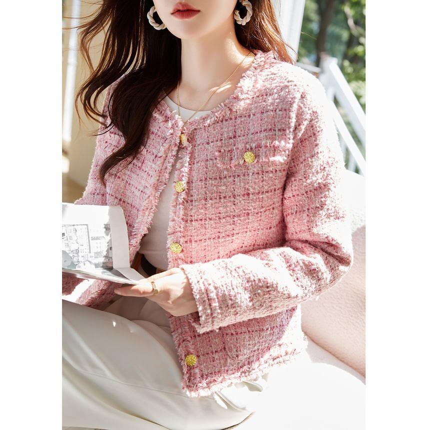 Round Neck Tweed Cropped Button Jacket Product Image