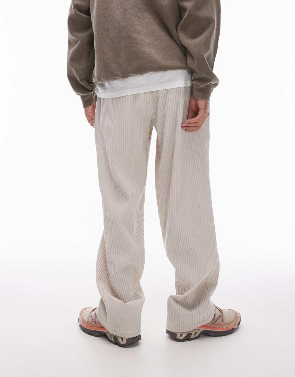 Topman wide leg plisse pants in light stone Product Image