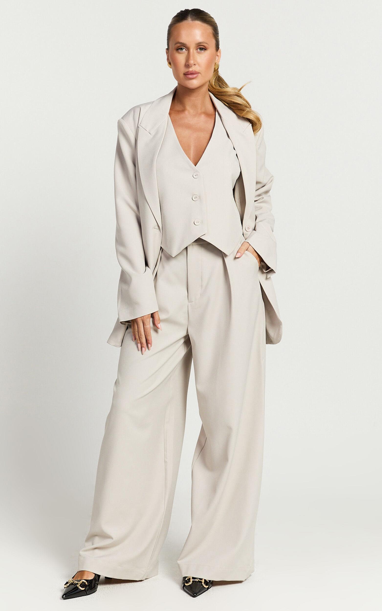 Melinda Pants - Recycled Tailored High Waisted Pleated Wide Leg Pants in Stone Product Image