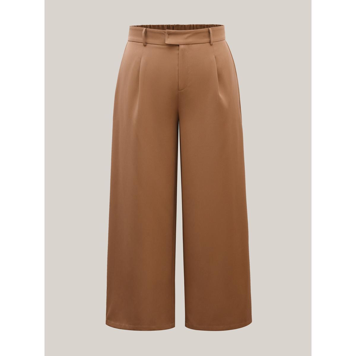 Plus Size Stretchy Waist Pleated Wide-Leg Pants Women Wheat At the Office Wide Leg Mid Rise Work Pants BloomChic 12/L Product Image