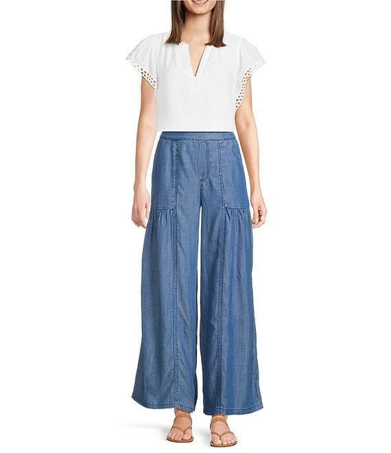 Current Air Hand Embroidered Trim Split Neck Flutter Sleeve Blouse Product Image