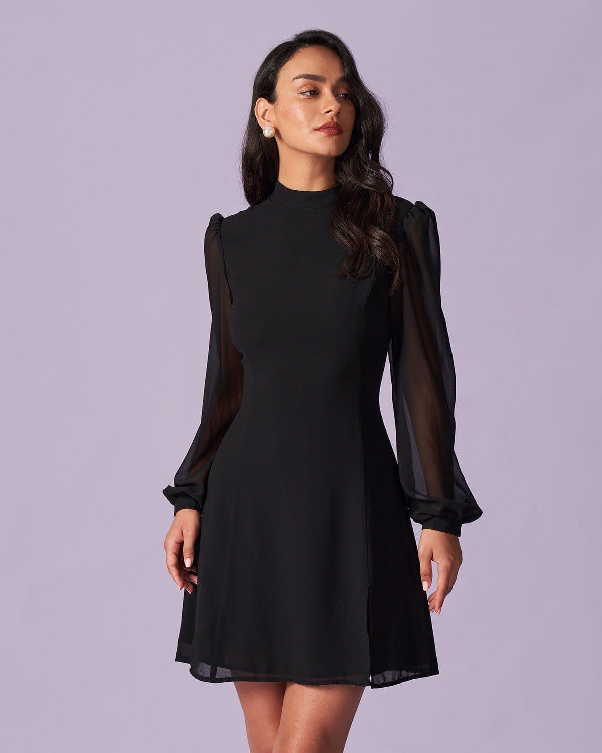 The Black Stand Collar Sheer Slit Mini Dress Product Image