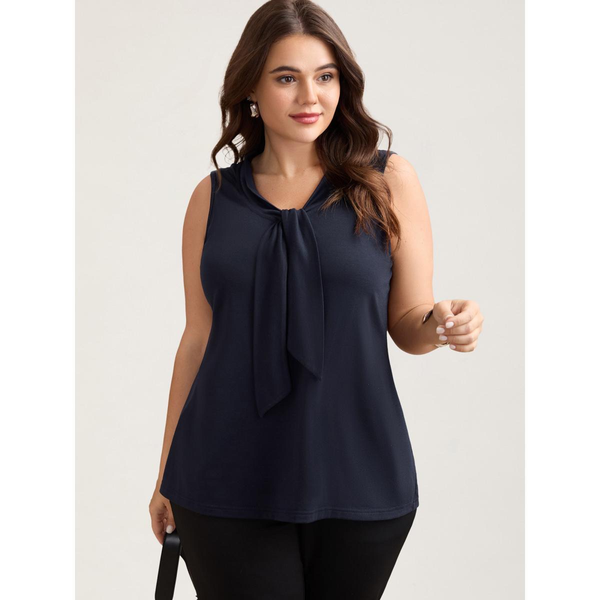 Plus Size Knotted Neckline Fitted Sleeveless Blouse Women Indigo At the Office Non Ribbon-tied collar Work Tank Tops Camis BloomChic 10/M Product Image