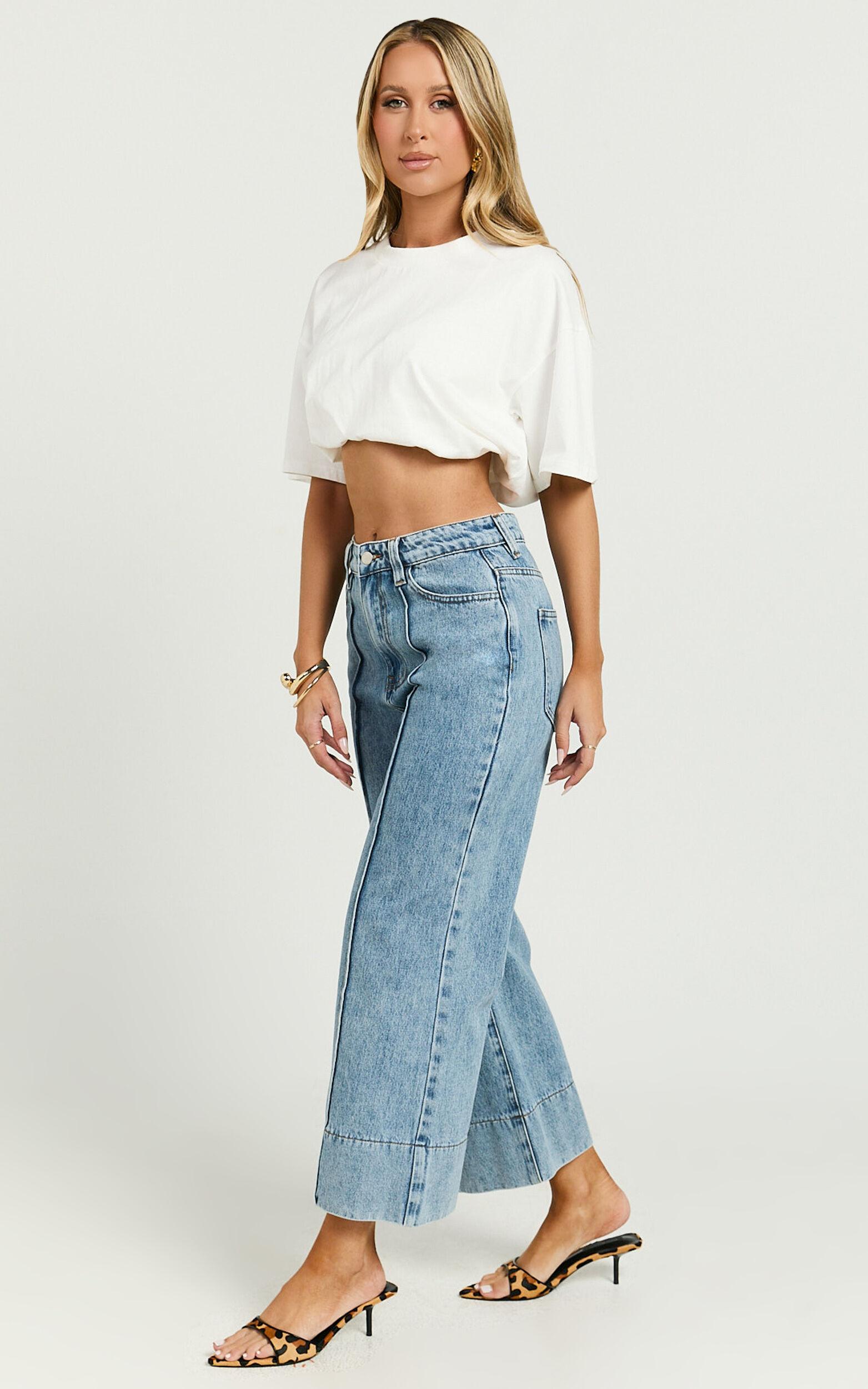 Jolene Jeans - Mid Rise Wide Leg Recycled Denim Cropped Jeans in Mid Blue Wash Product Image