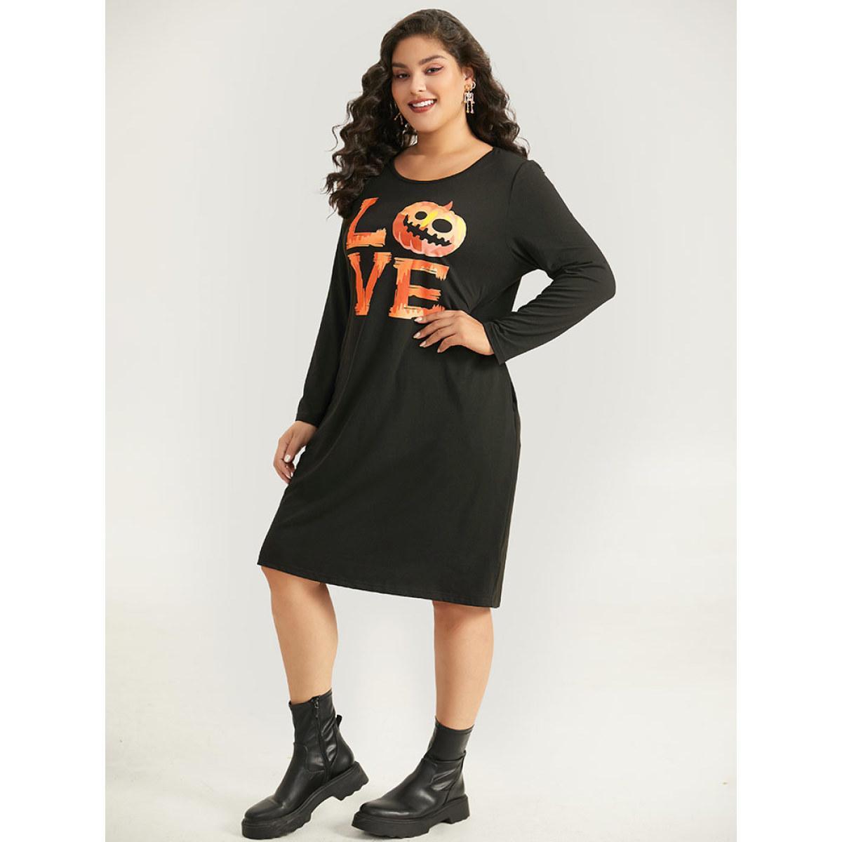 Plus Size Halloween Pumpkin & Letter Print Pocket Lace Panel Dress Black Women Casual Printed Curvy Midi Dress BloomChic 14-16/1X Product Image