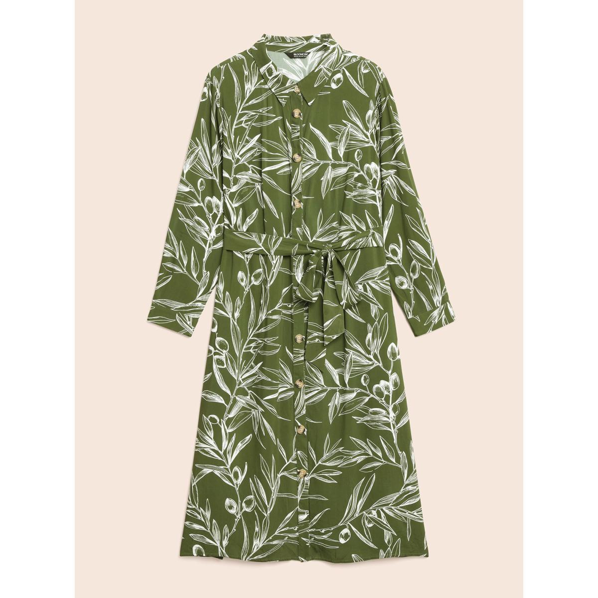 Plus Size Shirt Collar Plants Print Belted Dress Olive Women Casual Shirt collar Long Sleeve Curvy BloomChic 22-24/3X Product Image
