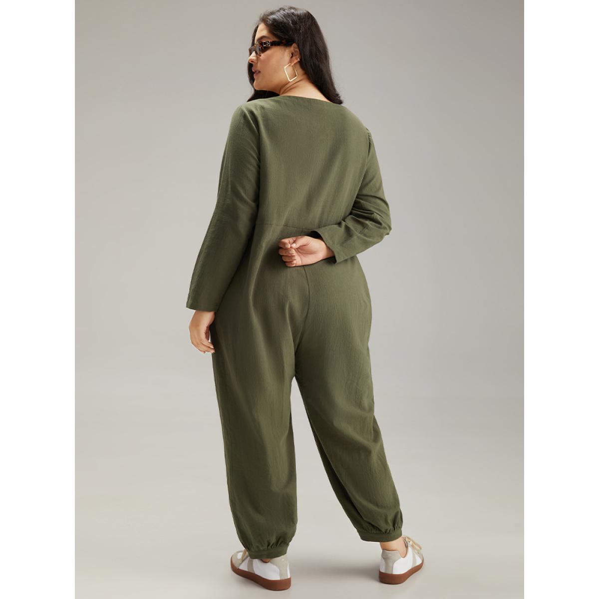 Plus Size ArmyGreen Plain Pocket Button Up Pleated Jumpsuit Women Basics Long Sleeve Round Neck Everyday Loose Jumpsuits BloomChic 18-20/2X Product Image