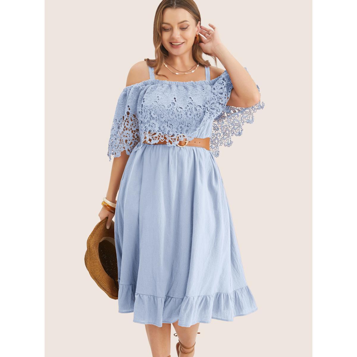 Plus Size Solid Cold Shoulder Contrast Lace Pocket Ruffle Hem Dress LightBlue Women Resort Broderie anglaise Non Short sleeve Curvy Midi Dress BloomChic 22-24/3X Product Image