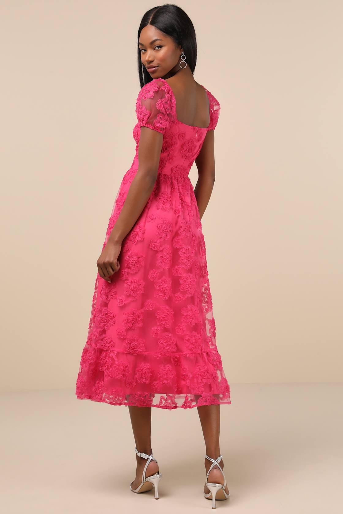 Notable Elegance Fuchsia Mesh Floral Applique Bustier Midi Dress Product Image