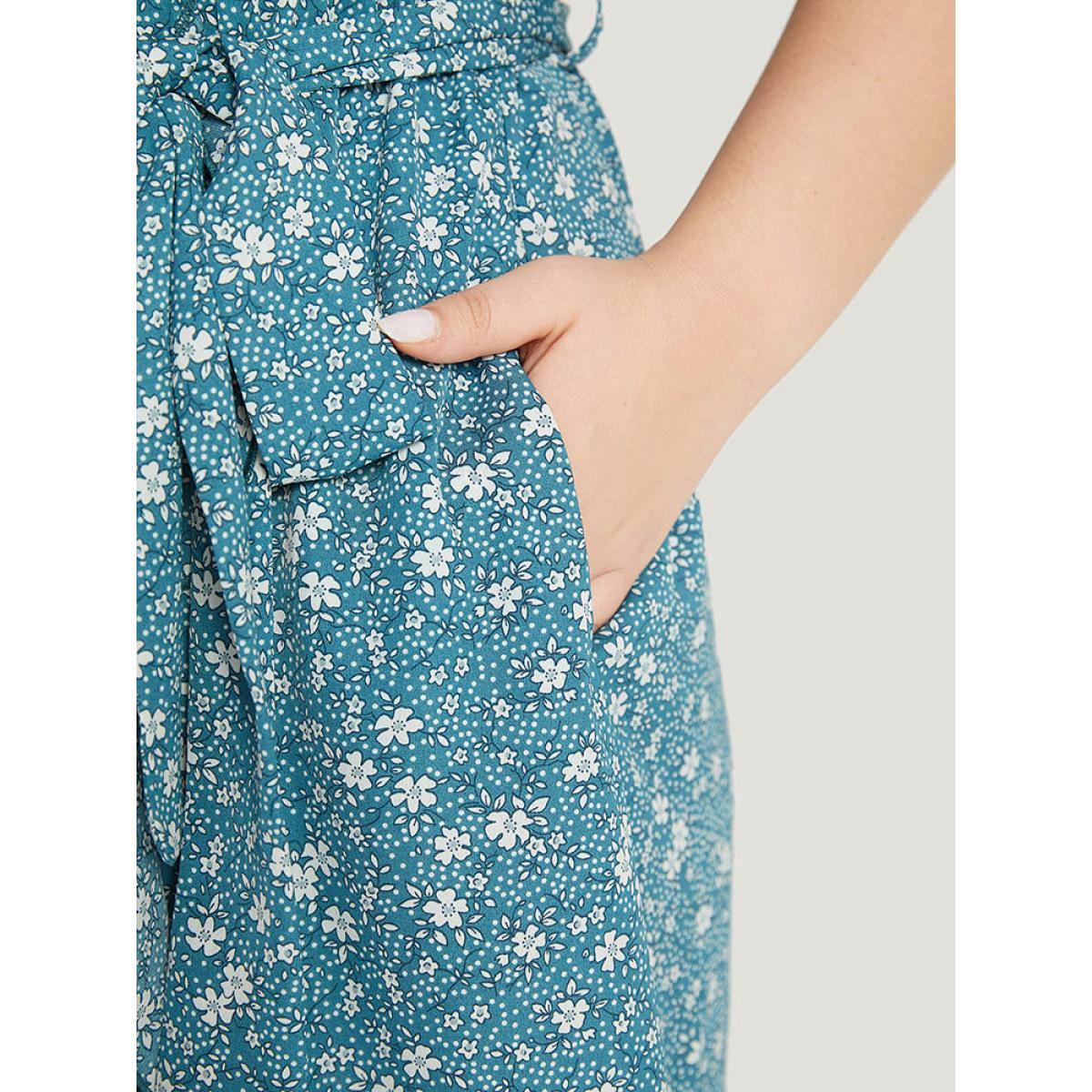 Plus Size Ditsy Floral Pocket Patchwork Belted Wrap Ruffle Dress Cerulean Women Office Plain V-neck Half Sleeve Curvy Knee Dress BloomChic 28/5X Product Image