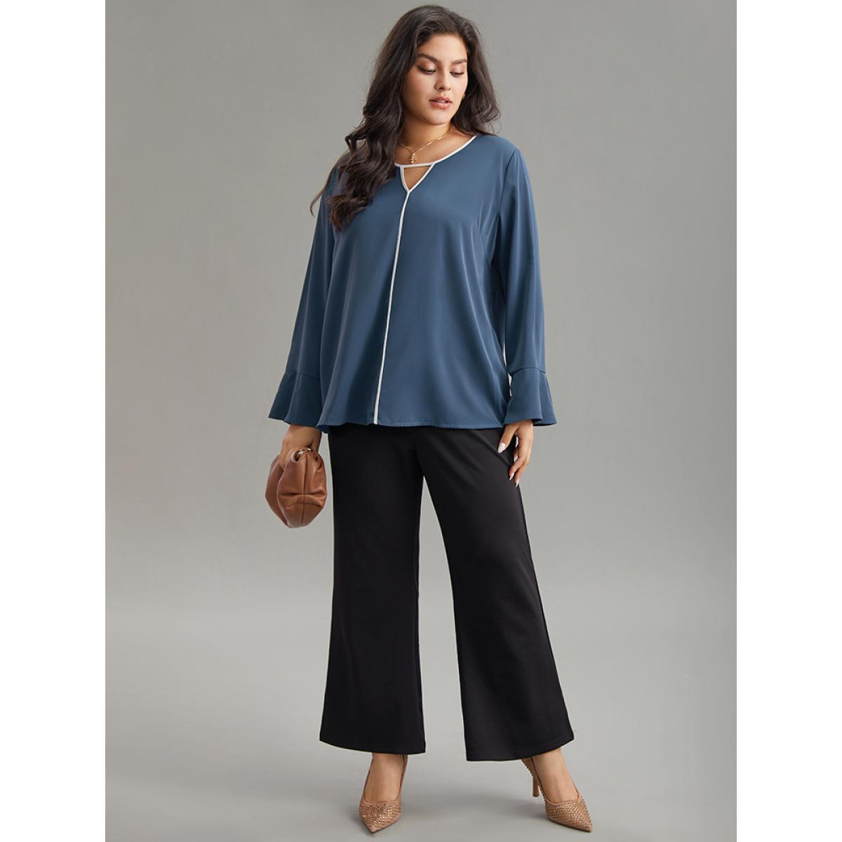 Plus Size Indigo Two Tone Keyhole Bell Sleeve Blouse Women Office Long Sleeve Keyhole Cut-Out Work Blouses BloomChic 10/M Product Image