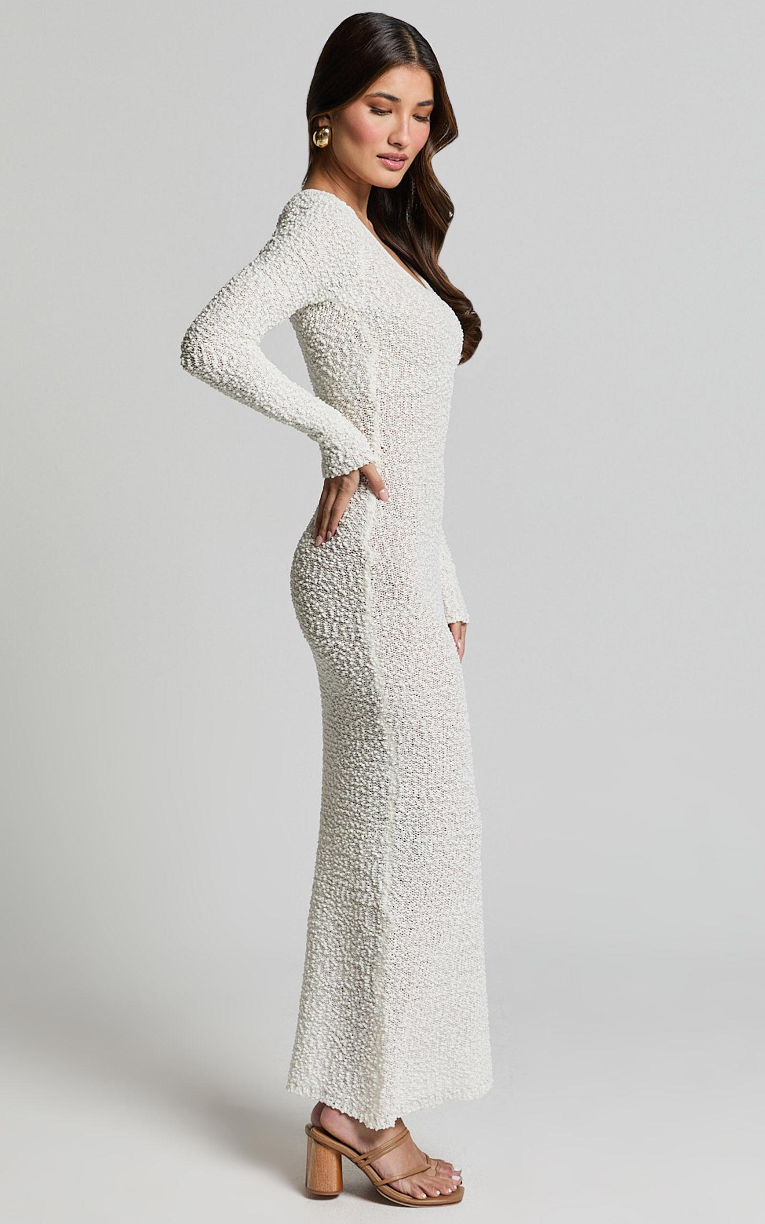 Freya Midi Dress - Scoop Neck Long Sleeve Boucle Knit Dress in Off White Product Image