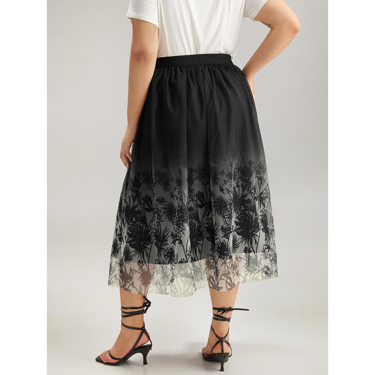 Plus Size Silhouette Floral Print Ombre Mesh Skirt Women Black Glamour Lined No stretch Going out Skirts BloomChic 18-20/2X Product Image